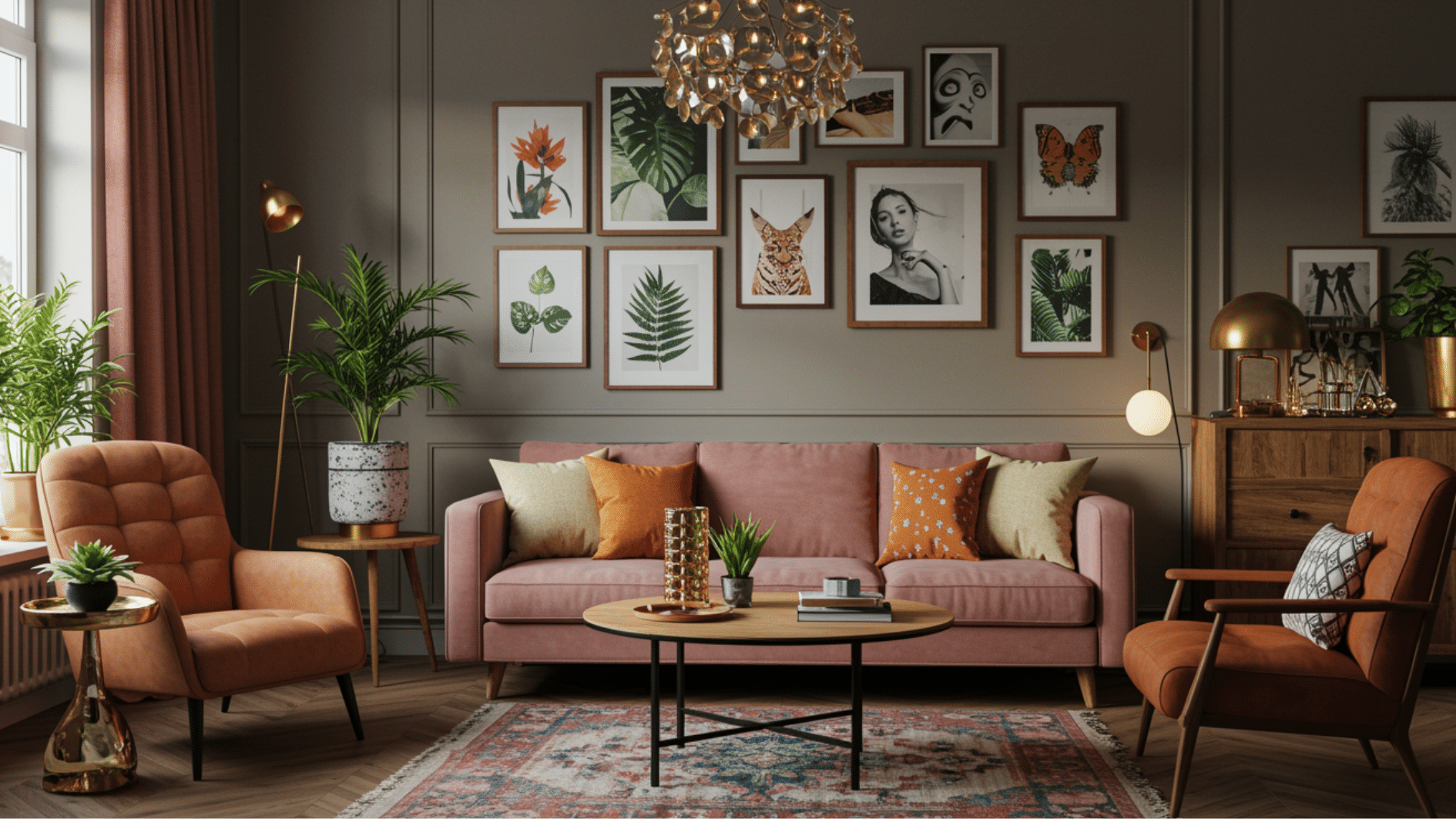 eclectic living room with pink sofa, gallery wall art, warm lighting, plants, wooden furniture, and patterned rug setup
