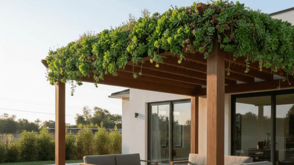 eco-friendly patio roof covered with grass or succulents, providing insulation and adding greenery to the space.