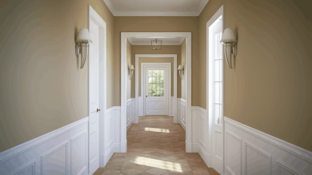 eggshell paint on hallway walls showing a durable low sheen finish that resists scuffs and everyday wear in a residential family home