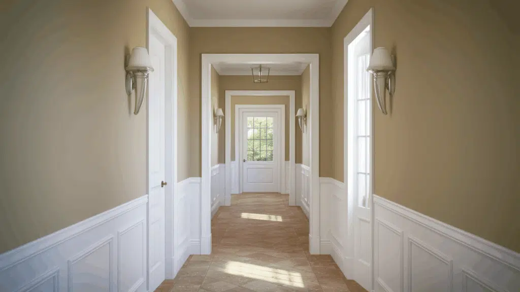 eggshell paint on hallway walls showing a durable low sheen finish that resists scuffs and everyday wear in a residential family home