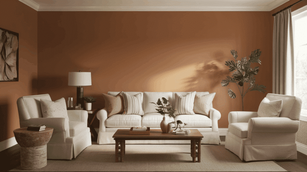 eggshell paint on living room walls with a soft low sheen finish in a warm neutral tone under natural daylight in a furnished interior