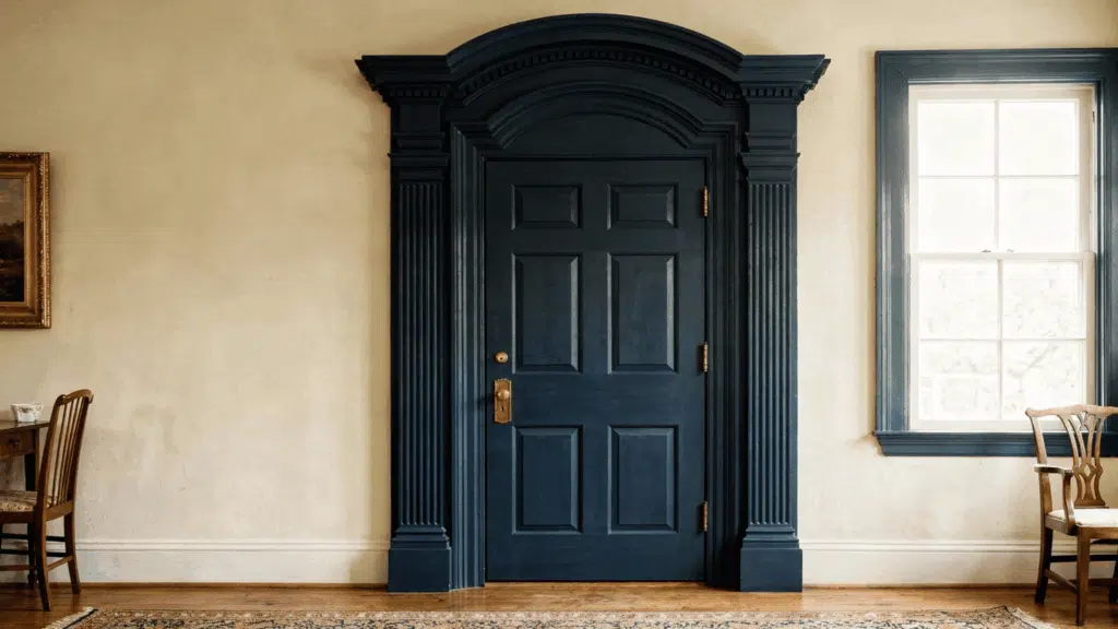 elegant Colonial style door casing with curved profiles and decorative trim around a classic dark door
