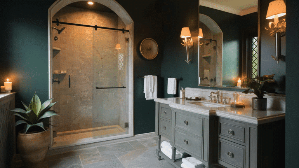 elegant bathroom with dark green walls, a marble topped vanity with brass fixtures, large framed mirror, wall sconces, candles, and an arched glass shower with beige stone tile