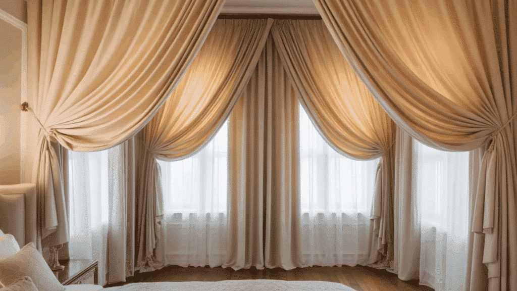 elegant cream-colored drapes framing large bedroom windows