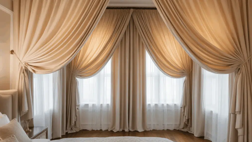 elegant cream-colored drapes framing large bedroom windows