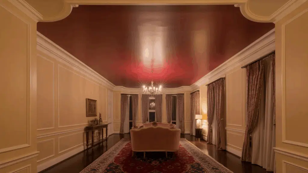 elegant living room with a deep red ceiling, chandelier, patterned rug, and ornate curtains
