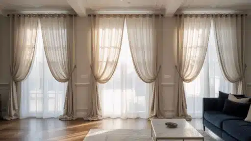 elegant living room with tall windows dressed in sheer white curtains and beige drapes tied back on decorative rods