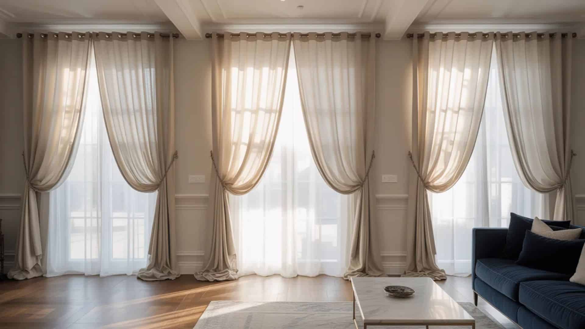 elegant living room with tall windows dressed in sheer white curtains and beige drapes tied back on decorative rods