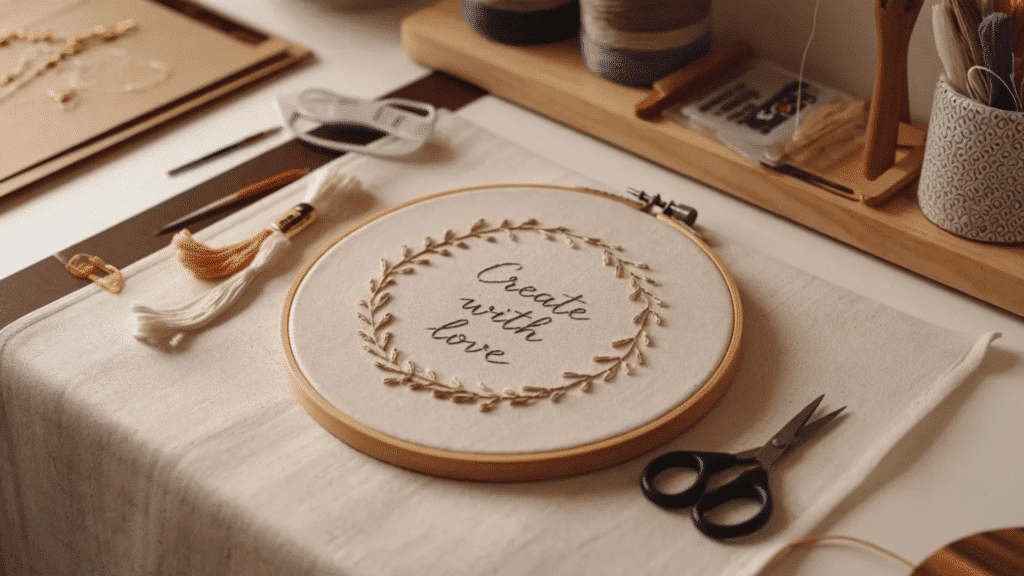 embroidery hoop art with a stitched “Create with love” quote surrounded by delicate leaf patterns, placed on a fabric workspace with threads, scissors, and tools, in warm natural lighting
