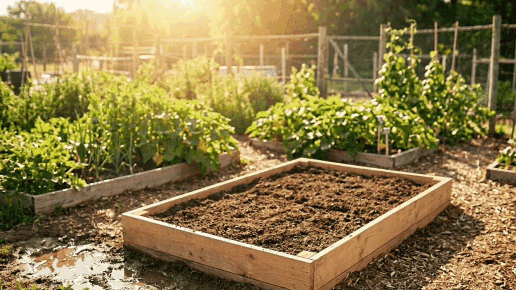 empty raised garden bed ready for planting peas in a sunny backyard garden.
