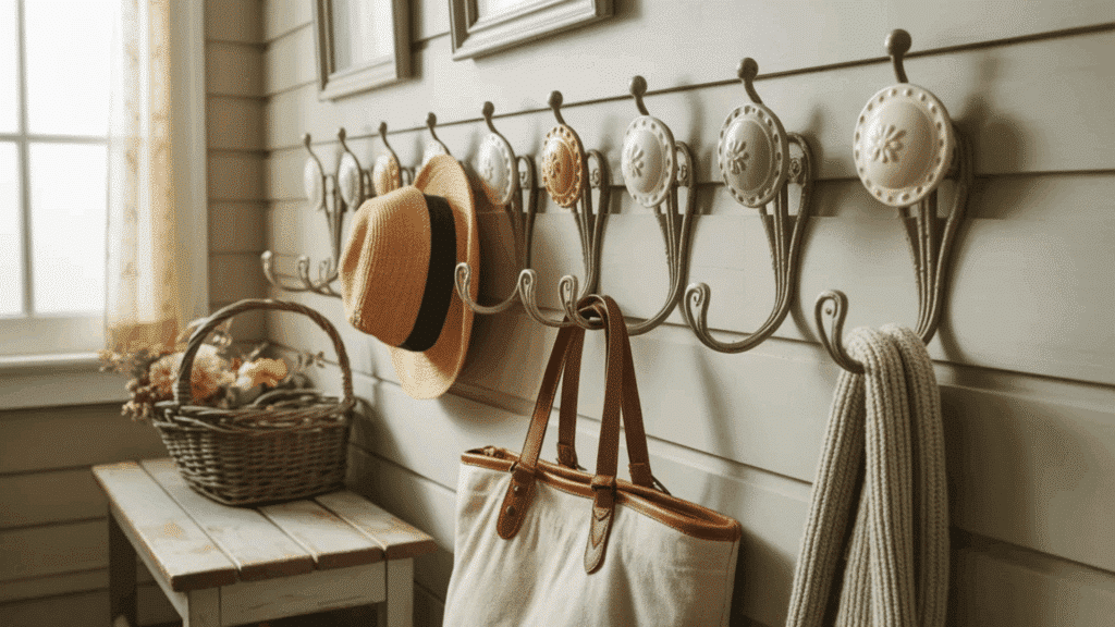 entryway with wall hooks coats hats soft lighting and cottage style decor creating a practical and organized space