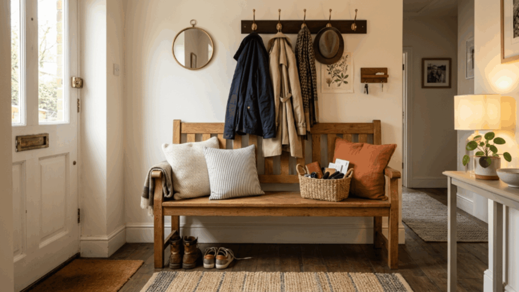entryway with wooden bench cushions soft lighting baskets and warm tones creating a welcoming and comfortable entrance