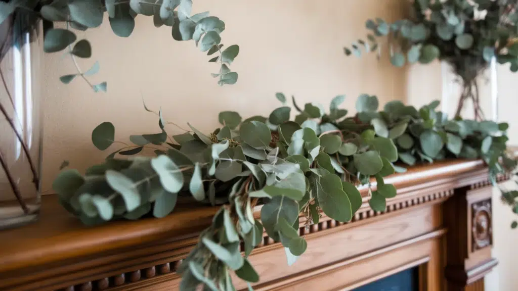 eucalyptus garland on a wooden mantle with two vases in the background