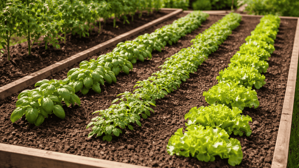 evenly spaced vegetable plants in a garden bed with clear gaps between rows to allow proper air circulation