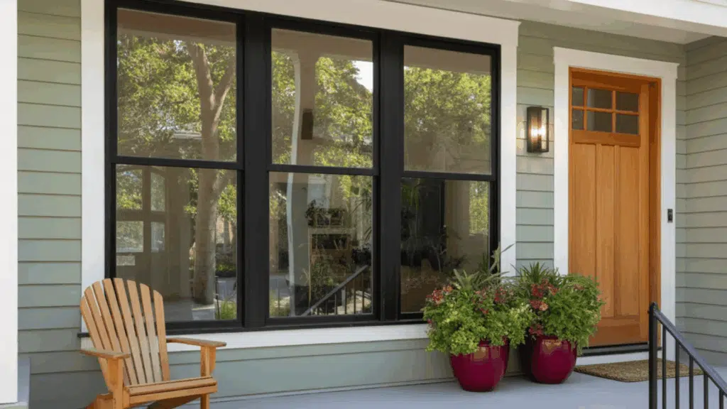 exterior view of a house with dark windows, a wooden front door, and potted plants on the porch
