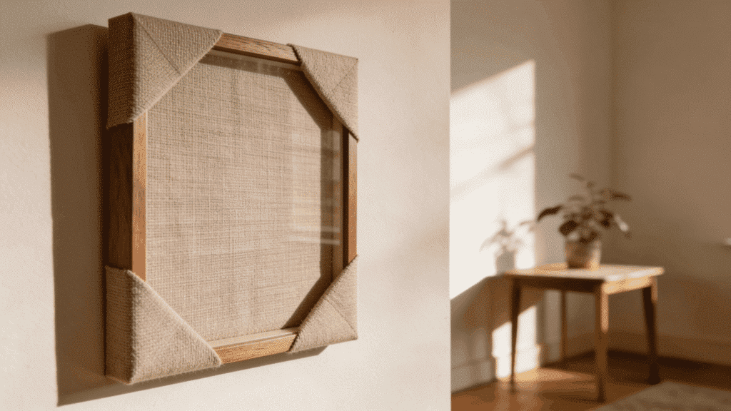 fabric covered wooden photo frame with soft textile edges hanging on light wall