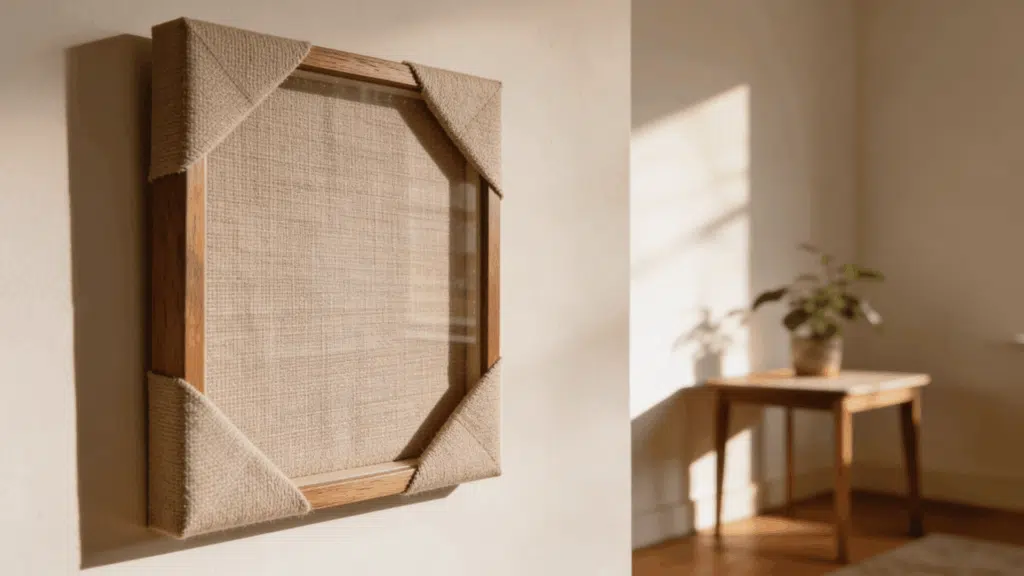 fabric covered wooden photo frame with soft textile edges hanging on light wall