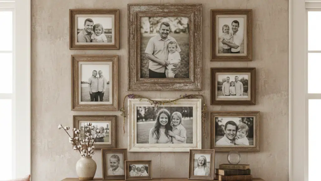 family photo wall with framed black and white images above a wooden console table with books and a vase with flowers
