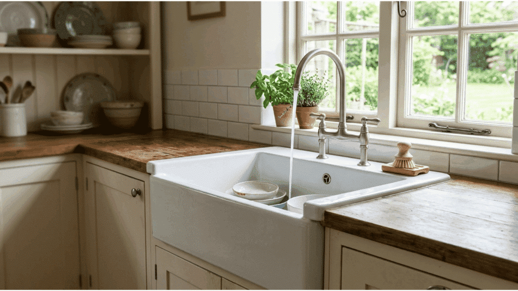 farmhouse apron sink with brass faucet and wood countertop near bright kitchen window.
