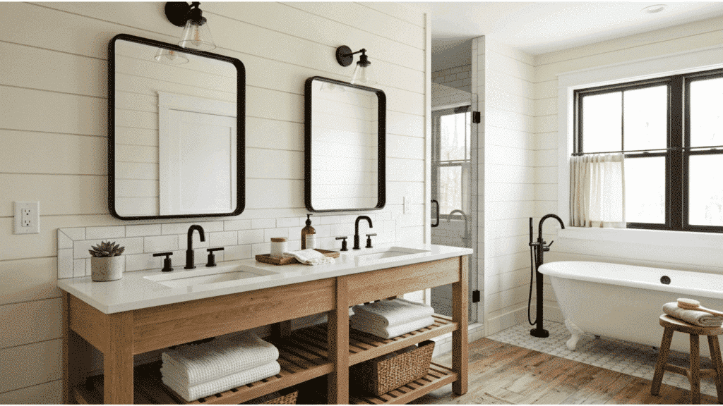 farmhouse bathroom with black framed mirrors and wooden double vanity.