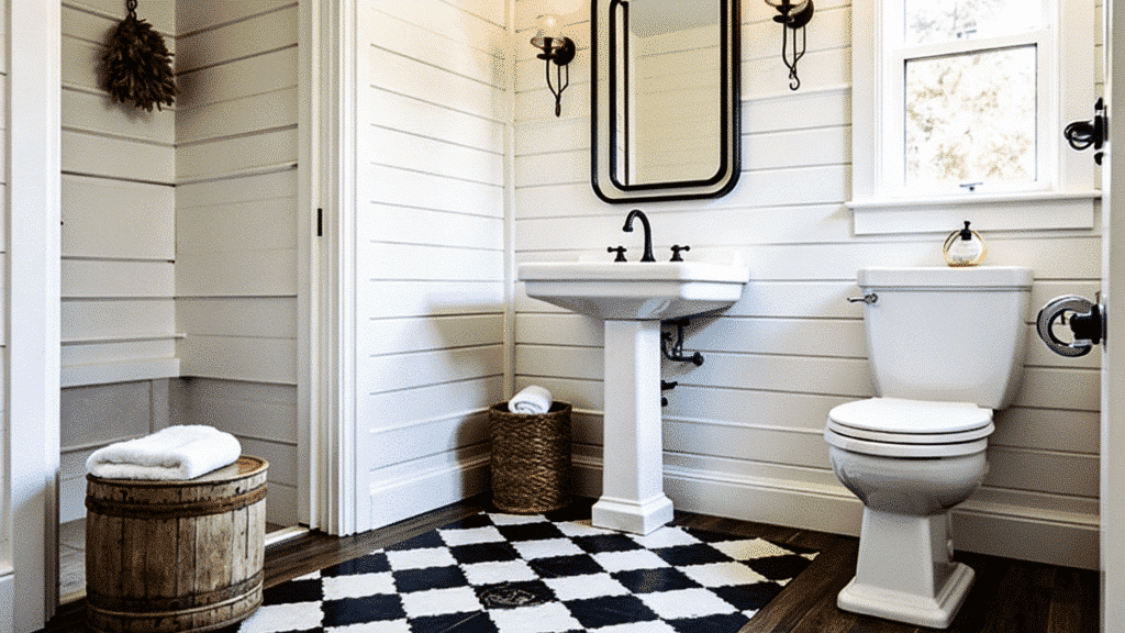 farmhouse bathroom with hand-painted matte black and white buffalo check pattern on rustic wood plank floor