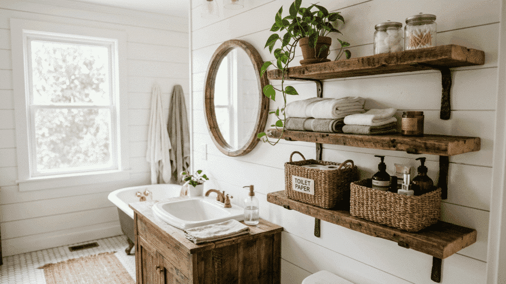 farmhouse bathroom with rustic wood shelves, baskets, and round mirror decor.