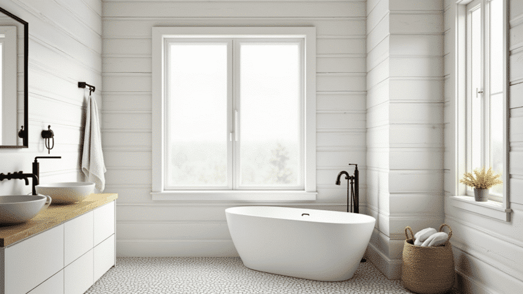 farmhouse bathroom with white shiplap walls, matte black fixtures and white freestanding bathtub