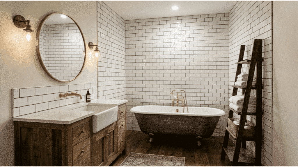 farmhouse bathroom with white subway tile walls, clawfoot tub, and wood vanity.