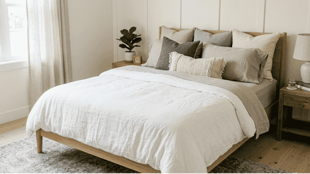 farmhouse bedroom with neutral bedding, wood bed frame, and soft layered pillows
