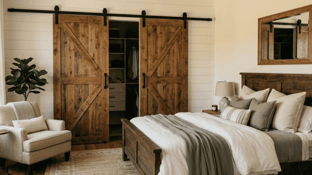 farmhouse bedroom with sliding barn door closet, wood bed frame, and cozy neutral decor