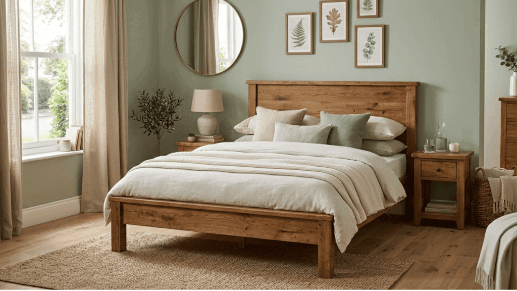 farmhouse bedroom with wooden bed frame, neutral bedding, and green accent wall