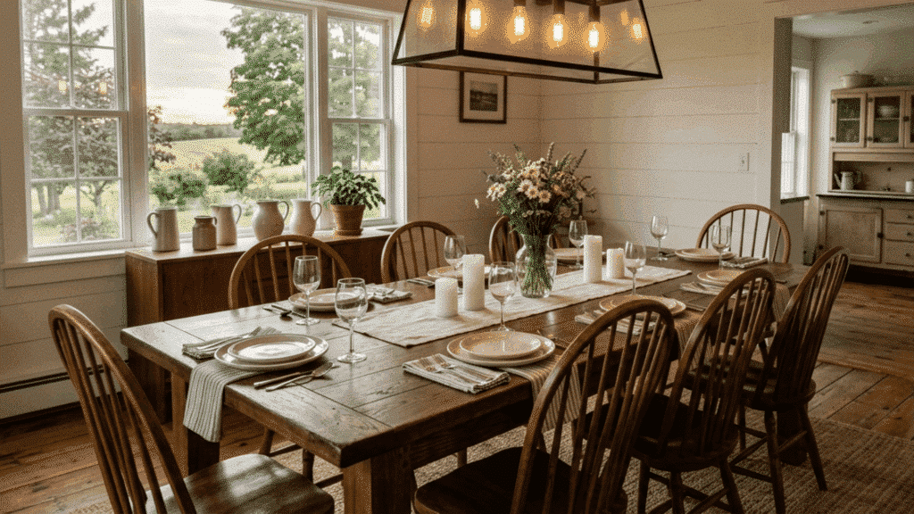 farmhouse dining room with large wooden dining table.