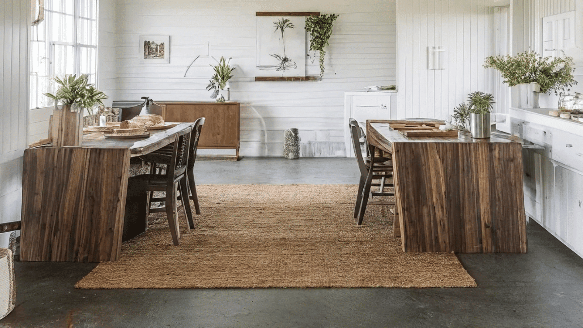 farmhouse dining room with stained concrete floors, wooden furniture, and plants.