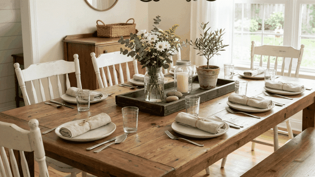 farmhouse dining table with simple centerpiece, flowers, and neutral table setting.