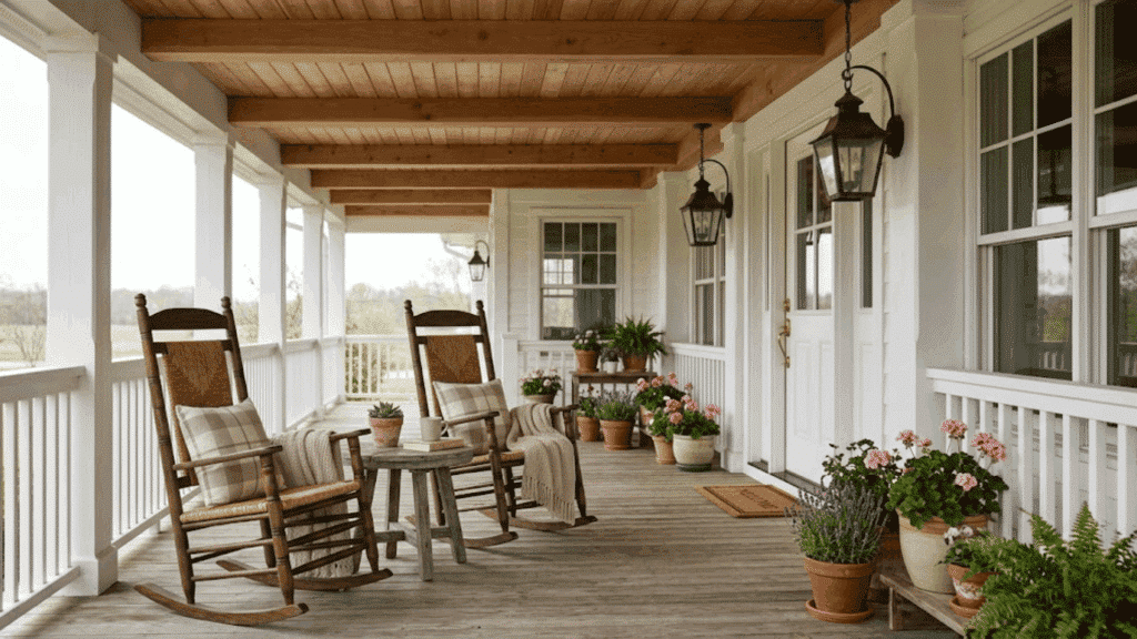 farmhouse front porch with exposed wood beam ceiling, white railing and columns, wooden rocking chairs, hanging lantern lights, and potted flowers.
