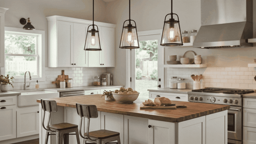 farmhouse kitchen island with wood countertop and black pendant lights overhead.