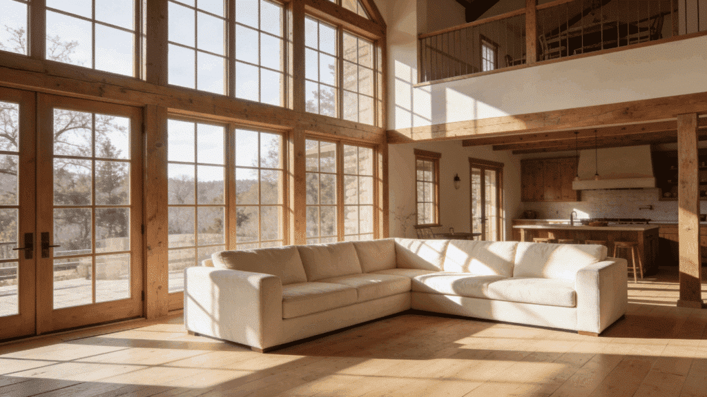 farmhouse living room with full wall of wide windows and light neutral furniture