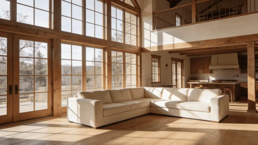 farmhouse living room with full wall of wide windows and light neutral furniture