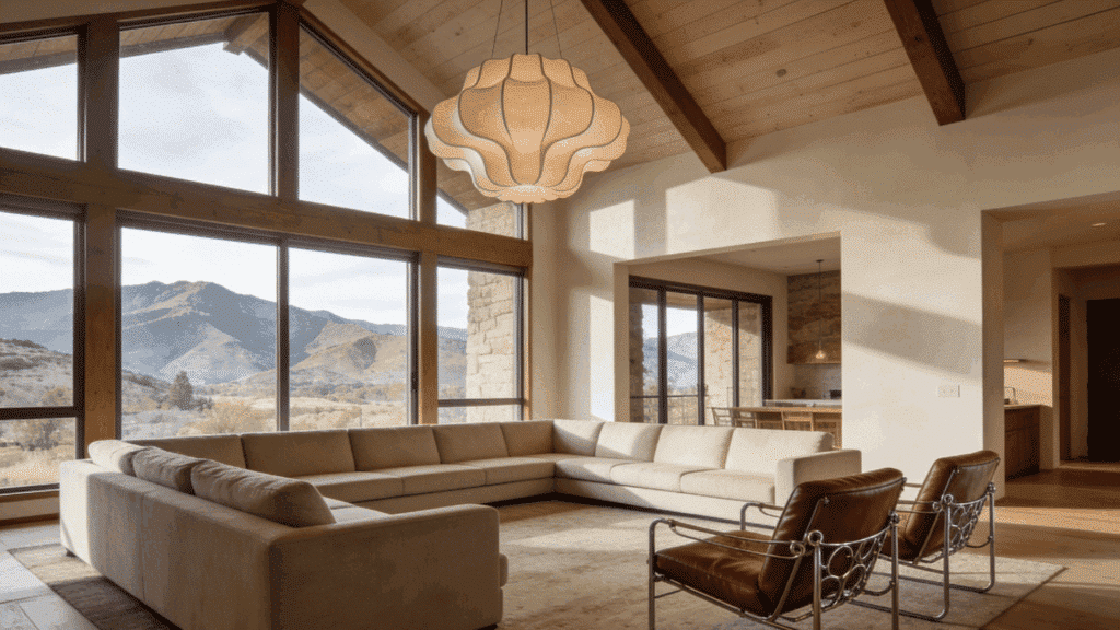 farmhouse living room with large windows and mountain view