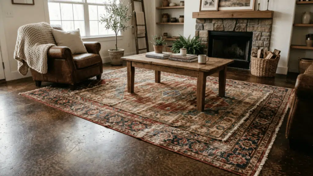 farmhouse living room with stained concrete floors layered with vintage area rugs, brick walls, wood furniture, and large windows letting in natural light (3)