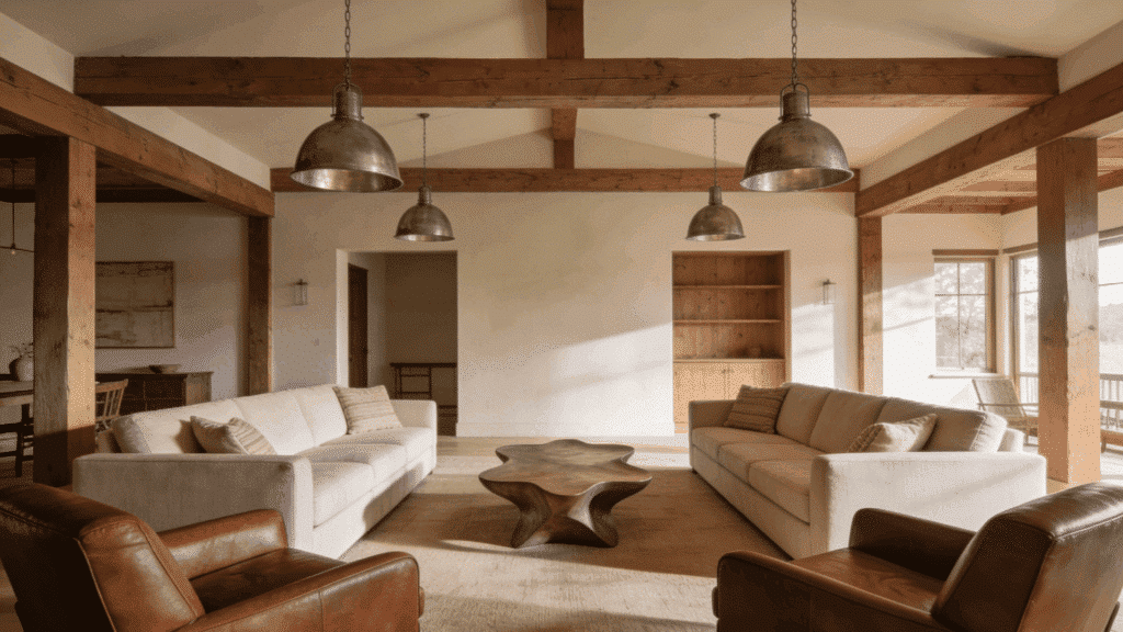 farmhouse living room with two facing sofas and steel pendant lights