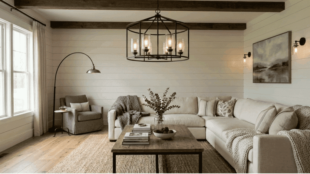 farmhouse living room with white shiplap walls, wood beams, neutral sofa, and black chandelier