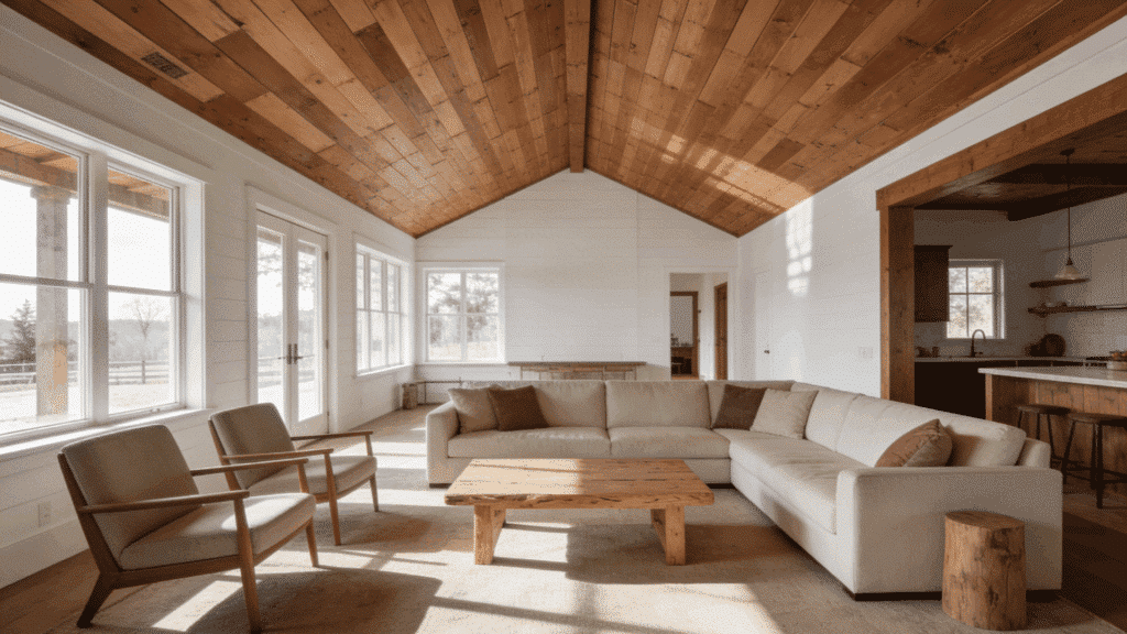 farmhouse living room with wood panel ceiling and wide windows