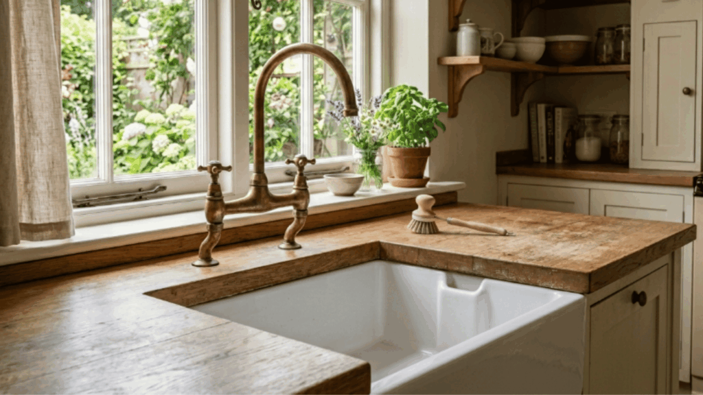 farmhouse sink with brass faucet wooden countertop soft light and warm cottage kitchen creating a simple and comfortable workspace