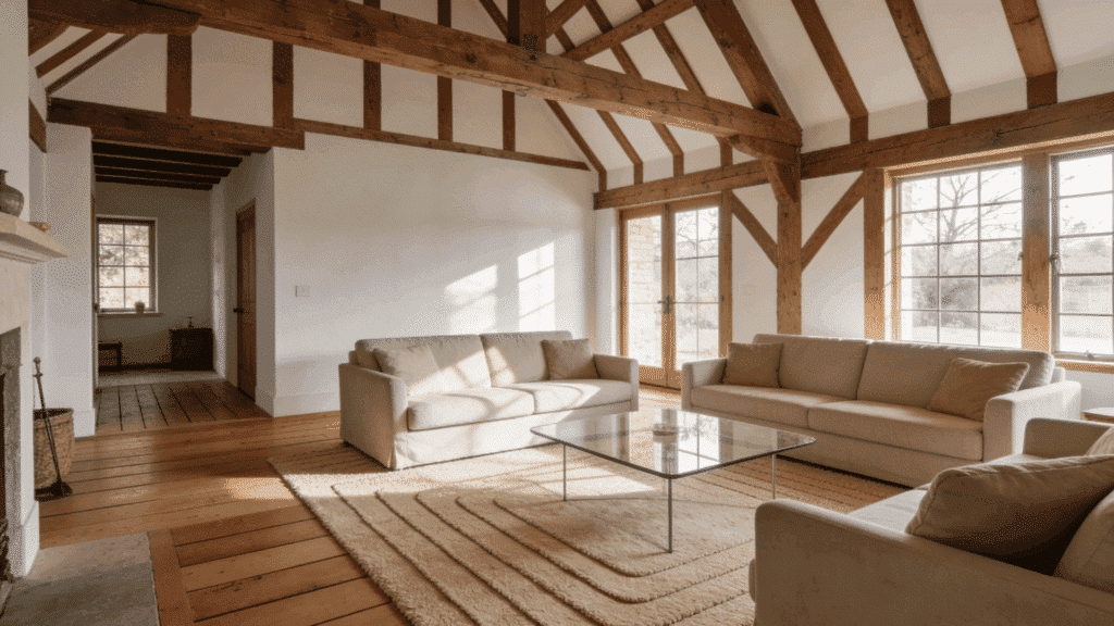 farmhouse sitting room with tongue and groove flooring and beige carpet