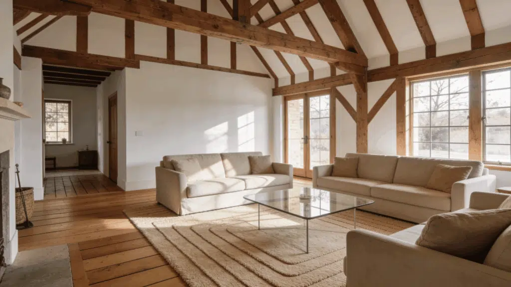 farmhouse sitting room with tongue and groove flooring and beige carpet