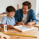 father and son smiling while making a diy photo frame together at wooden table in bright workshop
