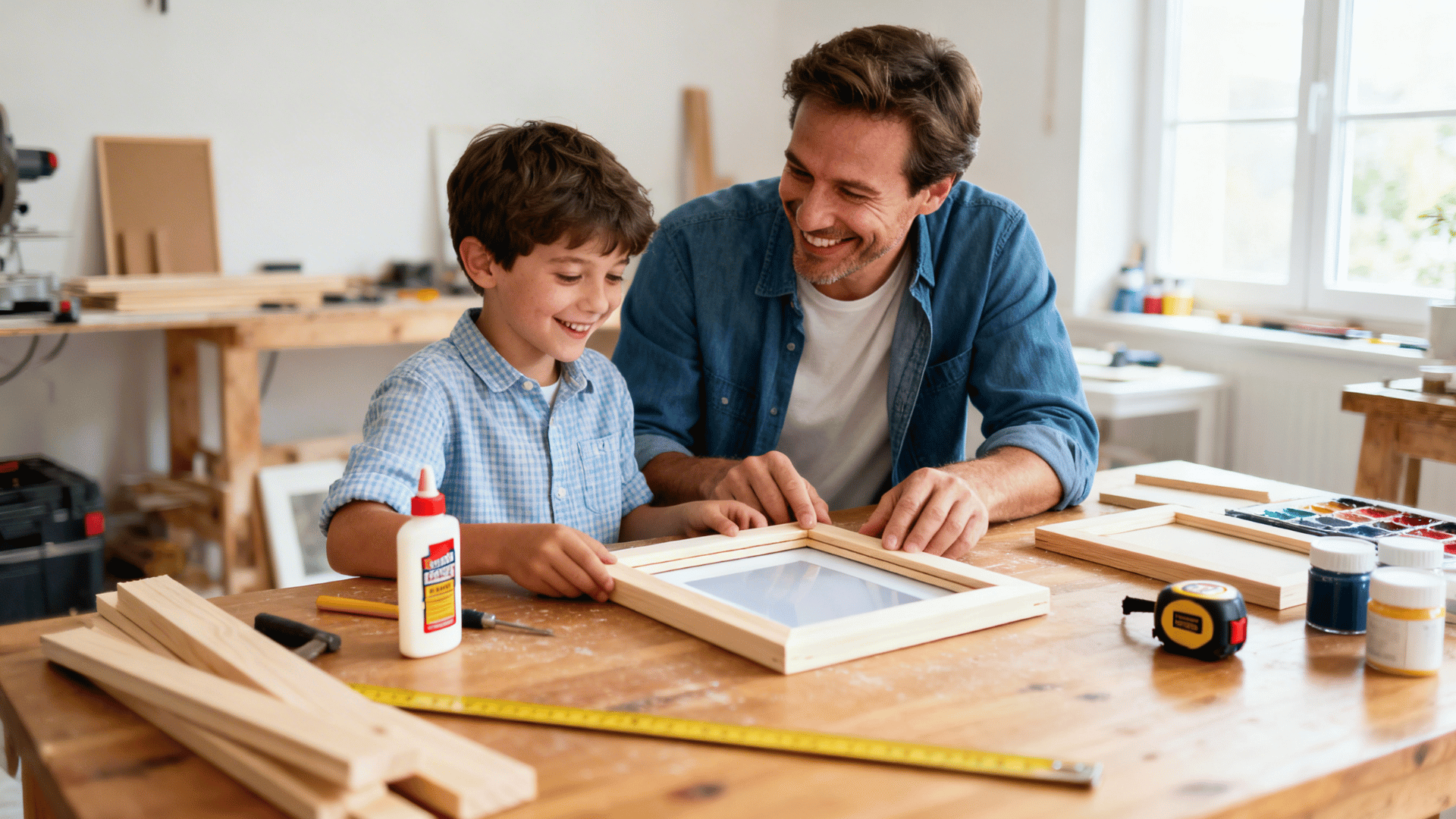 father and son smiling while making a diy photo frame together at wooden table in bright workshop