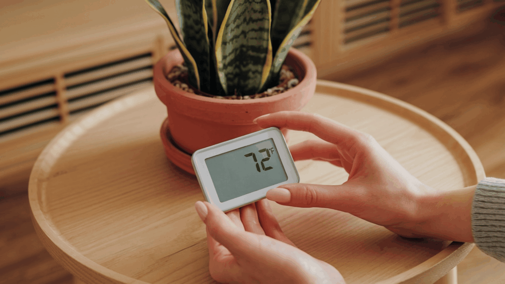 female hands holding a digital thermometer displaying 70 degrees fahrenheit next to a note card showing the ideal temperature range of 60 to 80 degrees fahrenheit for a snake plant indoors