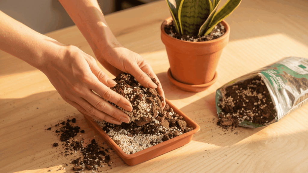 female hands scooping a grainy mix of cactus soil and white perlite granules from a tray next to a snake plant in a terracotta pot on a wooden table